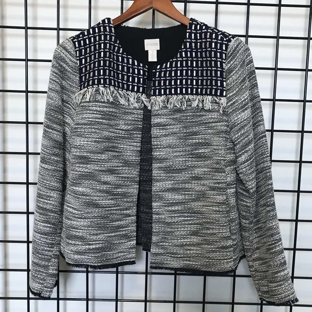 CHICOS tweed black, cream and navy jacket size 1